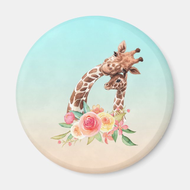 Cute Giraffe Watercolor Mum & Baby Magnet (Front)
