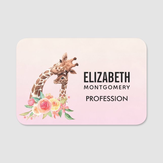 Cute Giraffe Watercolor Mum & Baby Name Tag (Front)