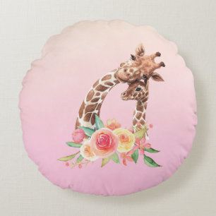 Cute Giraffe Watercolor Mum & Baby Round Cushion