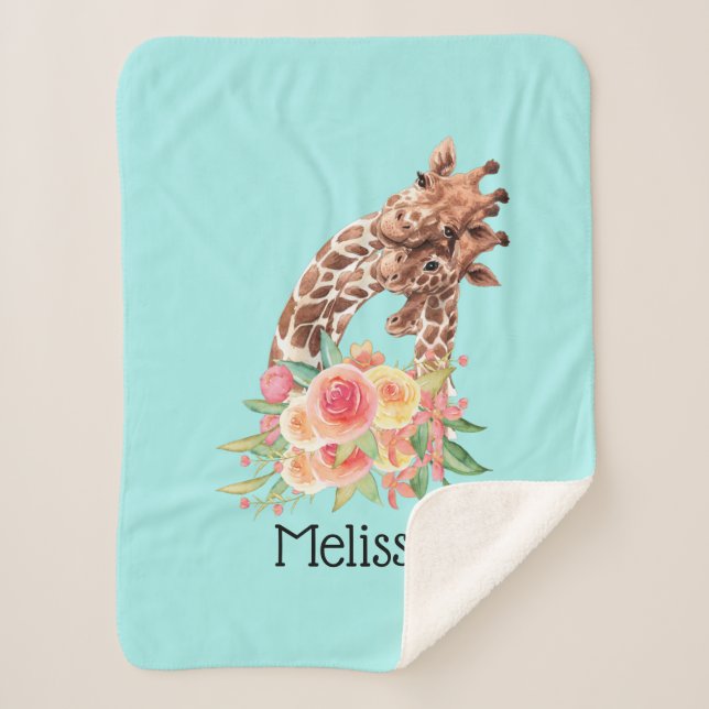 Cute Giraffe Watercolor Mum & Baby Sherpa Blanket (Front)