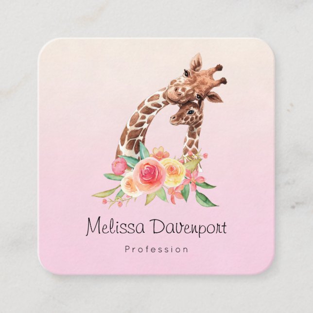Cute Giraffe Watercolor Mum & Baby Square Business Card (Front)