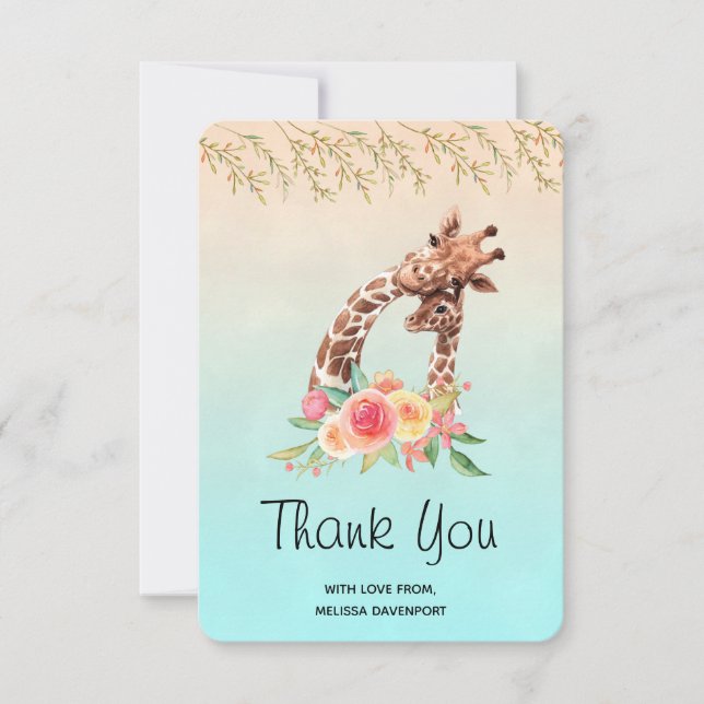 Cute Giraffe Watercolor Mum & Baby Thank You Card (Front)