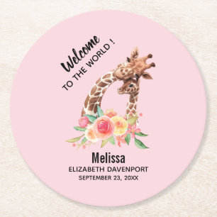 Cute Giraffe Watercolor Mum & New Baby Round Paper Coaster