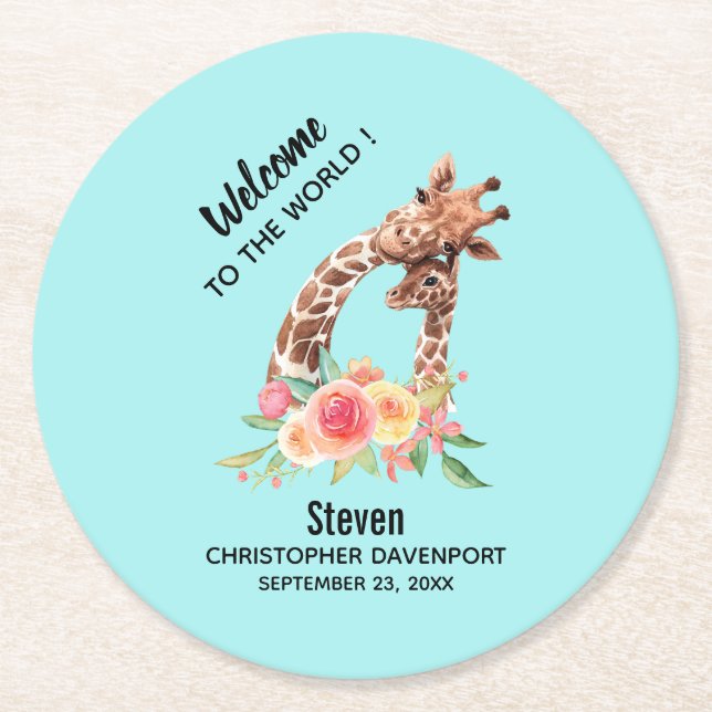 Cute Giraffe Watercolor Mum & New Baby Round Paper Coaster (Front)
