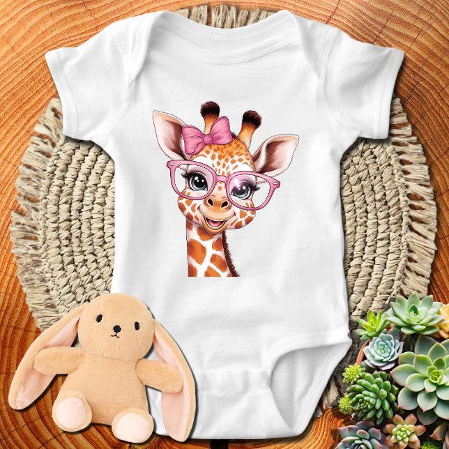 Cute Giraffe Wearing Croquette Bow and Glasses Baby Bodysuit (Creator Uploaded)