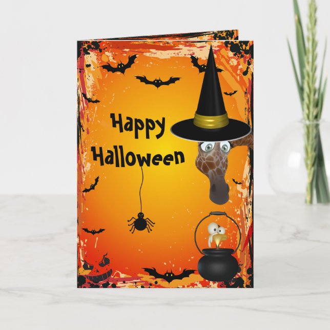 Cute Giraffe Witch & Bird Brew Halloween Card (Front)