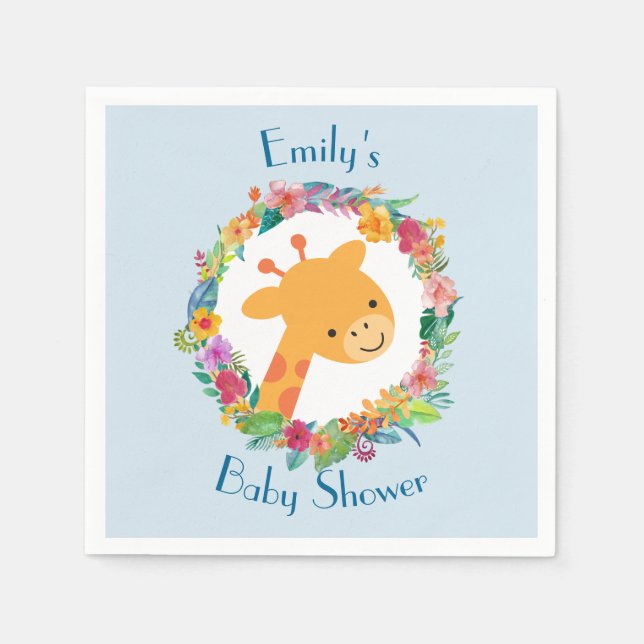 Cute Giraffe with a Floral Wreath Baby Shower Napkin (Front)