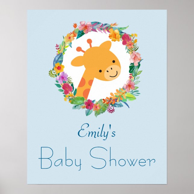 Cute Giraffe with a Floral Wreath Baby Shower Poster (Front)