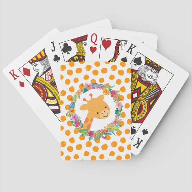 Cute Giraffe with a Floral Wreath on Orange Spots Playing Cards (Back)