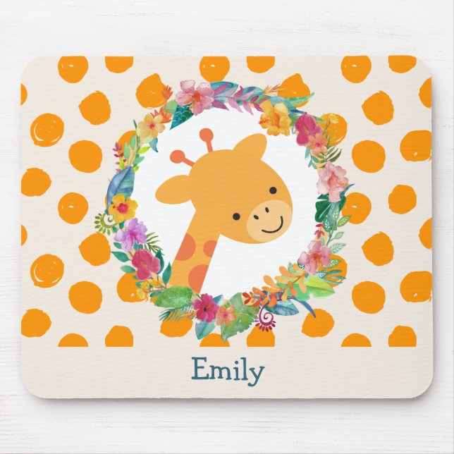 Cute Giraffe with a Floral Wreath Personalised Mouse Pad (Front)