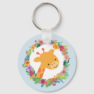 Cute Giraffe with a Watercolor Floral Wreath Key Ring