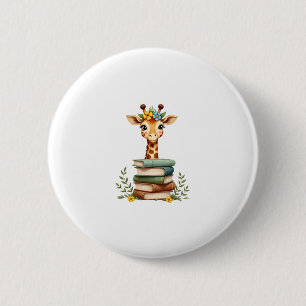 Cute Giraffe With Book Floral Bookworm Librarian B 6 Cm Round Badge