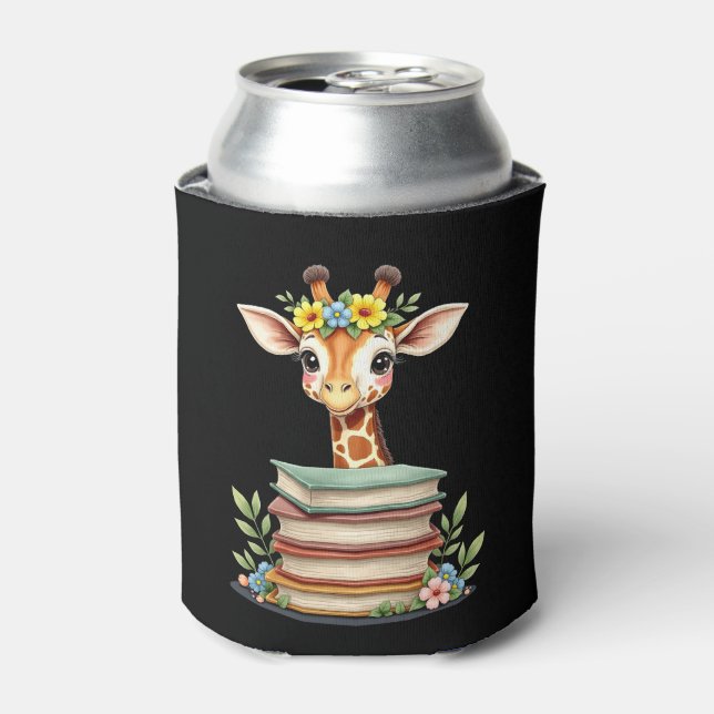 Cute Giraffe With Book Floral Bookworm Librarian B Can Cooler (Can Front)