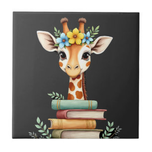 Cute Giraffe With Book Floral Bookworm Librarian B Ceramic Tile