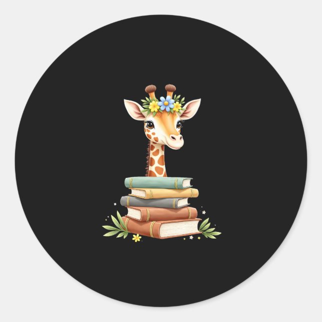 Cute Giraffe With Book Floral Bookworm Librarian B Classic Round Sticker (Front)