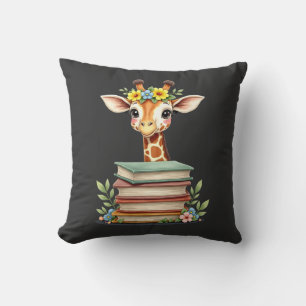 Cute Giraffe With Book Floral Bookworm Librarian B Cushion