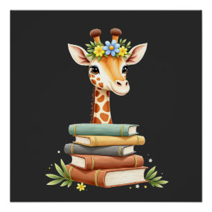 Cute Giraffe With Book Floral Bookworm Librarian B Poster
