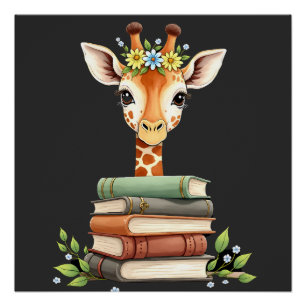 Cute Giraffe With Book Floral Bookworm Librarian B Poster