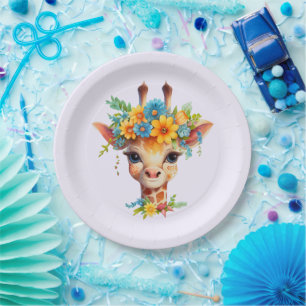 Cute Giraffe with Floral Crown Paper Plate