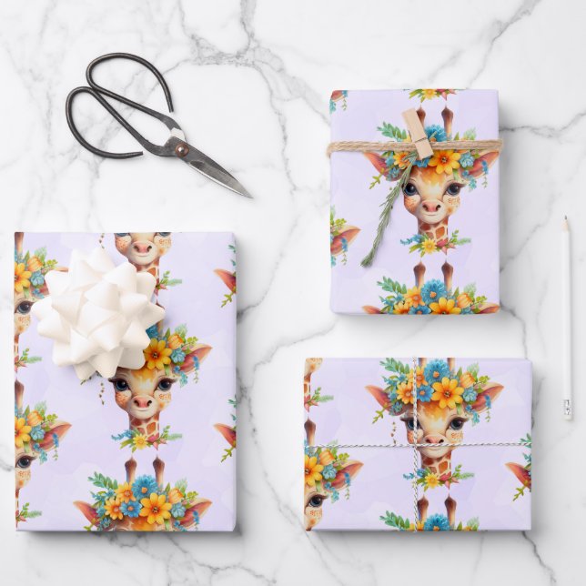 Cute Giraffe with Floral Crown Patterned Wrapping Paper Sheet (Front)