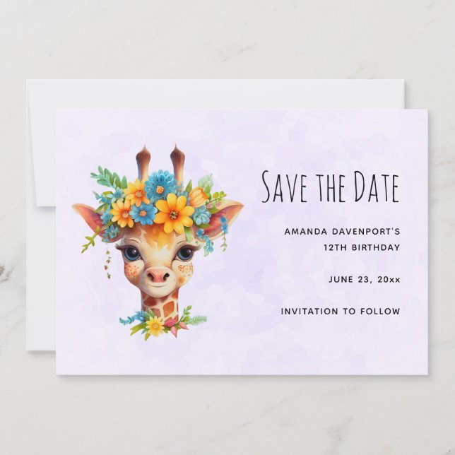 Cute Giraffe with Floral Crown Save The Date (Front)