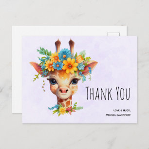 Cute Giraffe with Floral Crown Thank You Postcard
