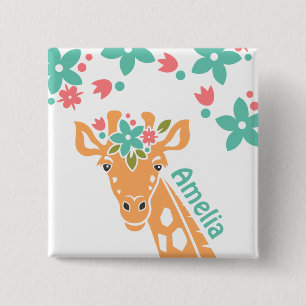 Cute Giraffe with Flower Crown Personalised 15 Cm Square Badge
