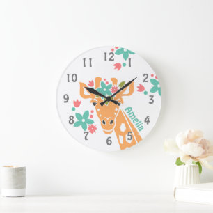 Cute Giraffe with Flower Crown Personalised Large Clock