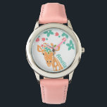 Cute Giraffe with Flower Crown Personalised Watch<br><div class="desc">Adorable giraffe art with pink and blue flowers,  option to personalise.</div>