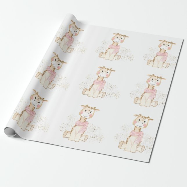 Cute Giraffe with Gold Foil Baby Girl Shower Wrapping Paper (Unrolled)