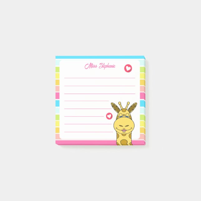 Cute Giraffe With Hearts Rainbow Teacher Name  Post-it Notes (Front)