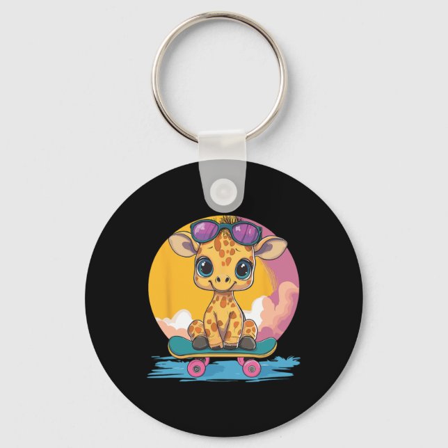 Cute Giraffe With Sungles Skateboard  Key Ring (Front)
