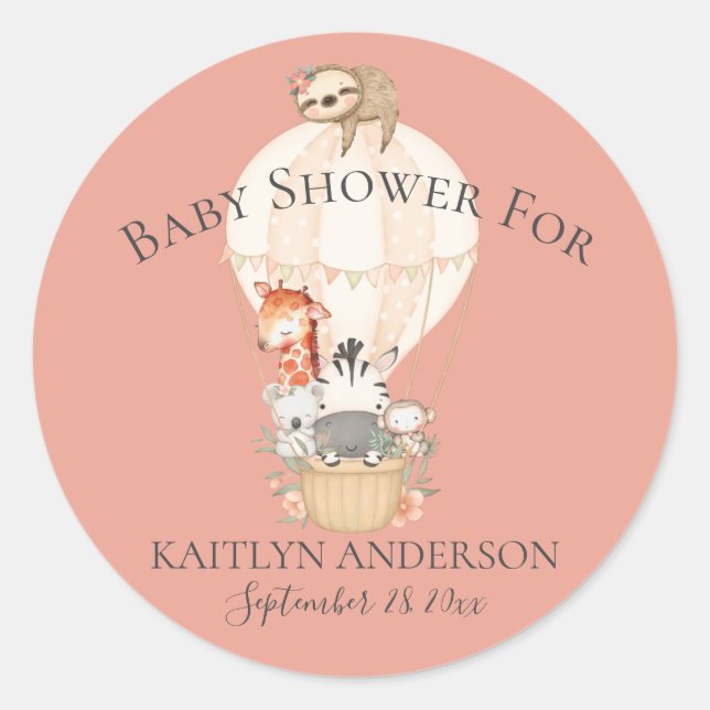 Cute Giraffe Zebra Hot Air Balloon Baby Girl Classic Round Sticker (Front)