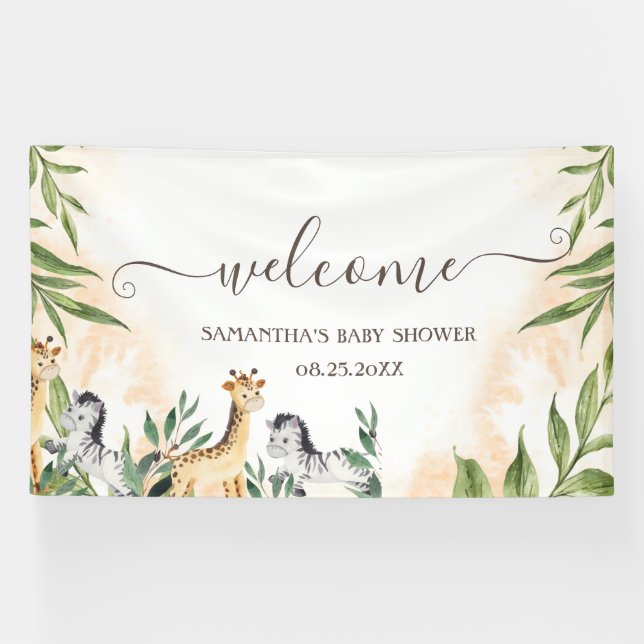 Cute Giraffe,Zebra Leaves Baby Shower Banner (Horizontal)