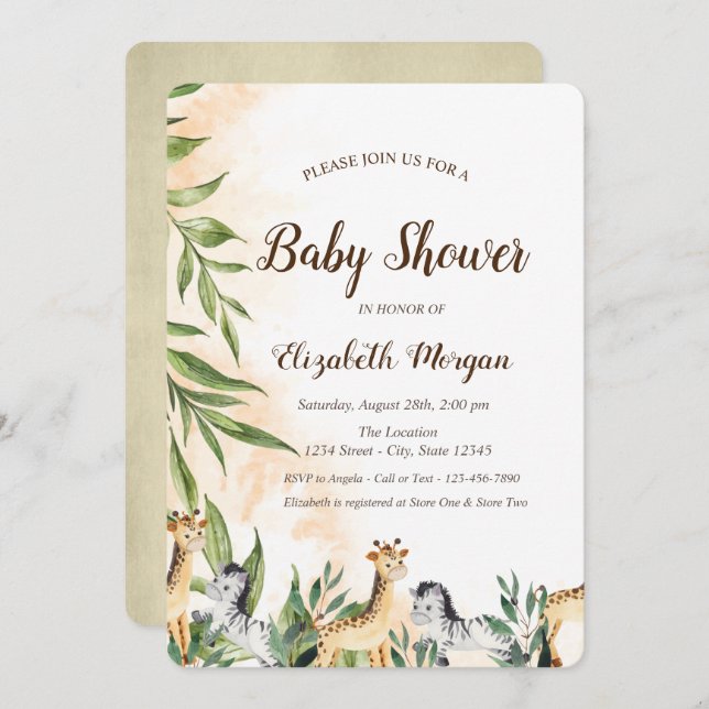 Cute Giraffe,Zebra Leaves Baby Shower  Invitation (Front/Back)