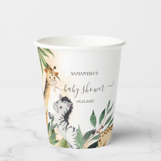 Cute Giraffe,Zebra Leaves Baby Shower Paper Cups (Front)