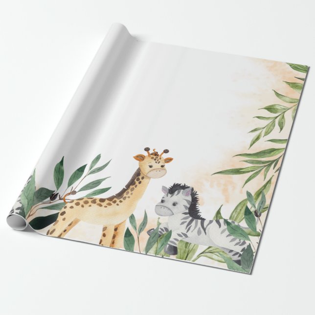 Cute Giraffe,Zebra Leaves Baby Shower  Wrapping Paper (Unrolled)