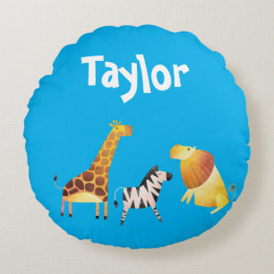 Cute Giraffe Zebra Lion Blue background Round Cushion