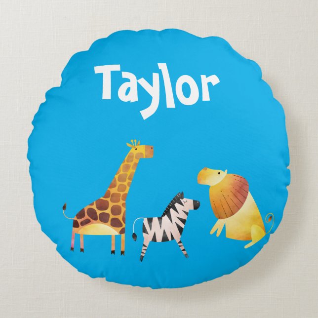 Cute Giraffe Zebra Lion Blue background Round Cushion (Front)