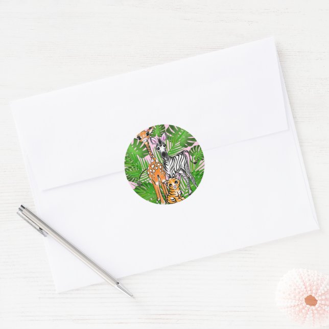 Cute giraffe zebra tiger jungle friends classic round sticker (Envelope)