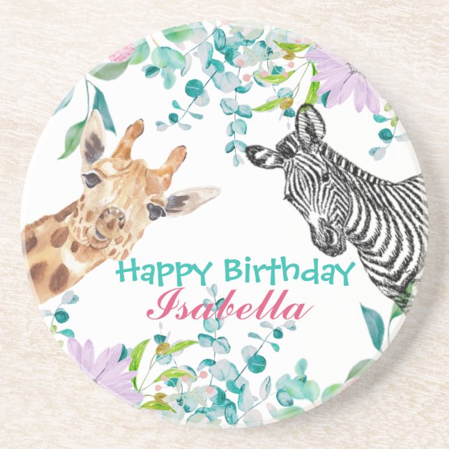 cute Giraffe zoo animals jungle Floral Birthday Coaster (Front)