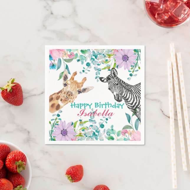 cute Giraffe zoo animals jungle Floral Birthday Napkin (Insitu)