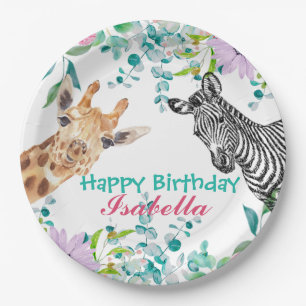 cute Giraffe zoo animals jungle Floral Birthday Paper Plate