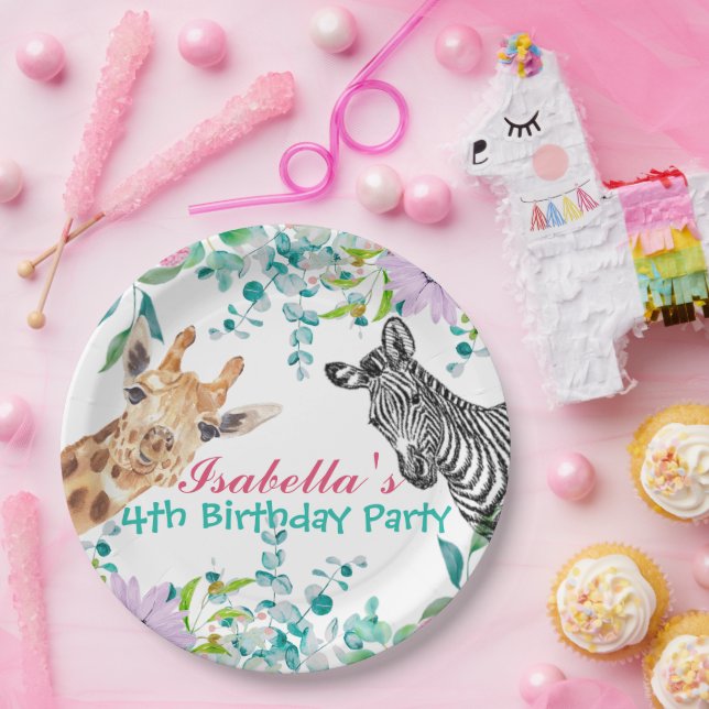 cute Giraffe zoo animals jungle Floral Birthday Paper Plate (Party)