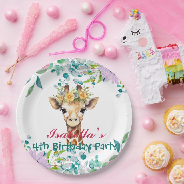 cute Giraffe zoo animals jungle Floral Birthday Paper Plate (Party)