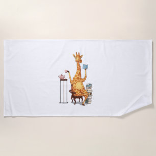 Cute Giraffes, Books and Tea Gift Beach Towel