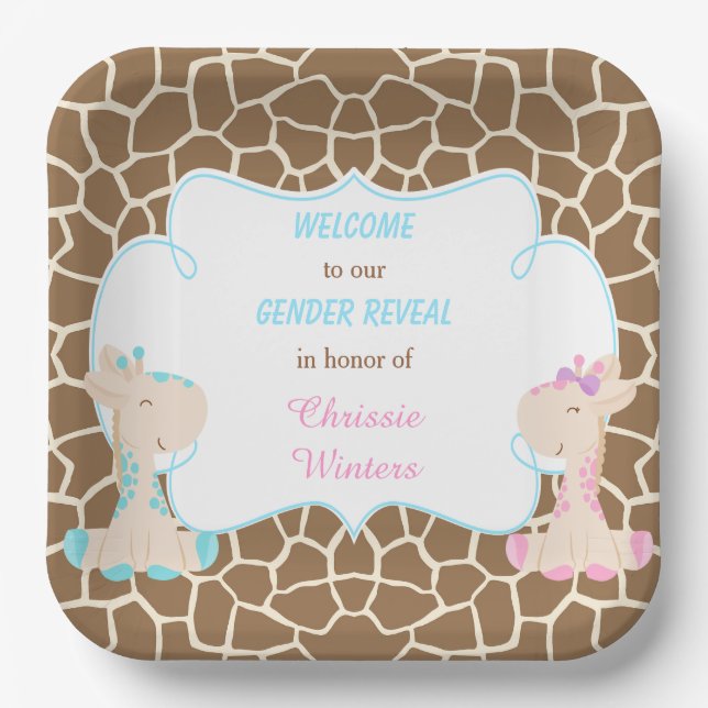 Cute Giraffes Gender Reveal Paper Plate (Front)