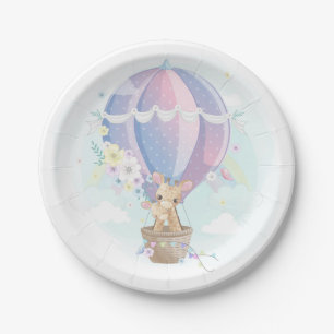 Cute Giraffes in Hot Air Balloon Baby Shower Paper Plate