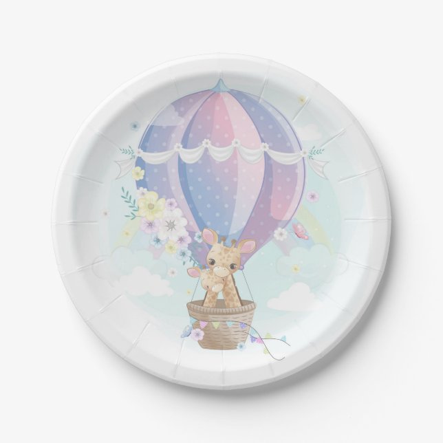 Cute Giraffes in Hot Air Balloon Baby Shower Paper Plate (Front)