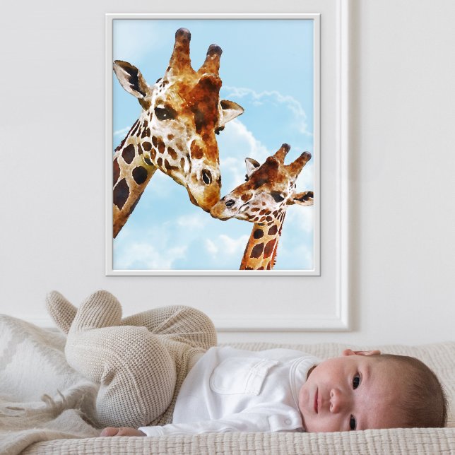 Cute Giraffes Nursery Poster (Adorable poster featuring a watercolor illustration of a giraffe mom and baby)